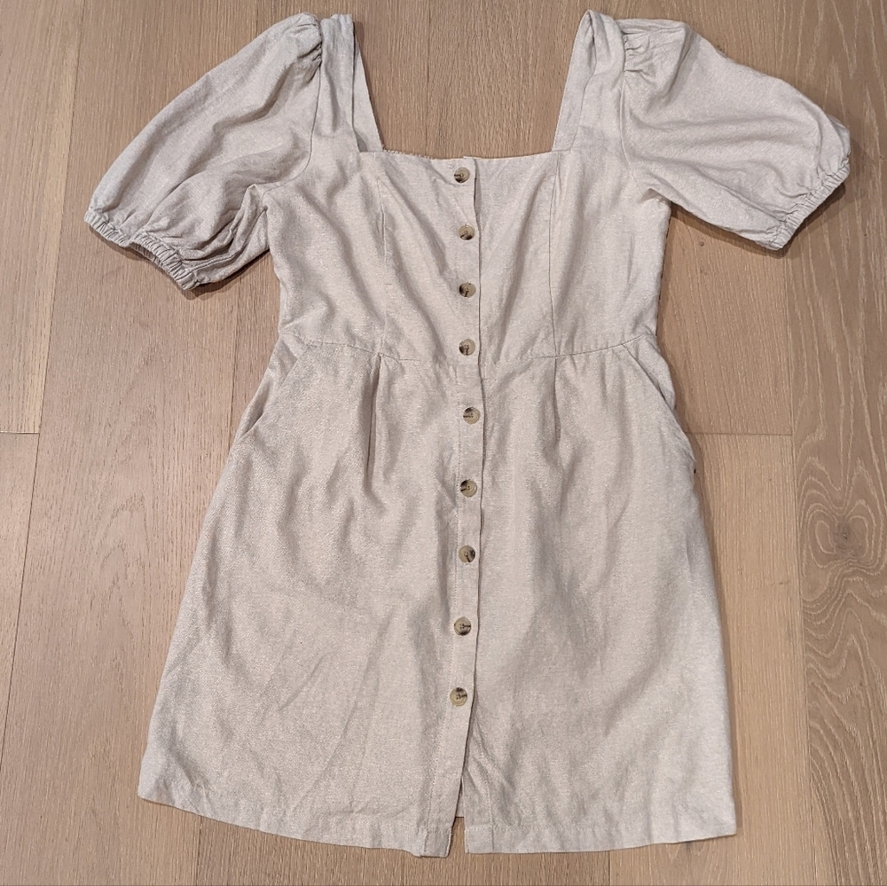 Elegant Tan Linen Blend Button-Down Dress